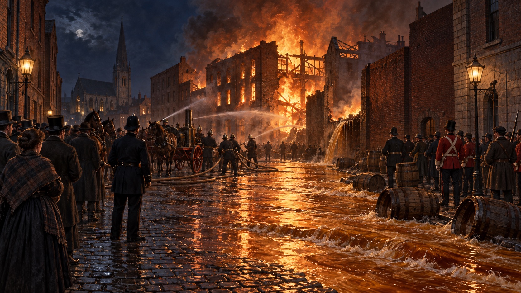 Editorial illustration of the 1875 Dublin whiskey fire, with burning bonded stores and escaped amber spirits flowing through a night-time street as emergency crews respond