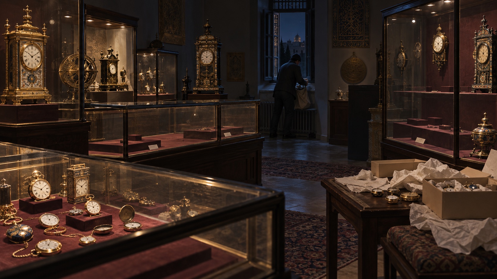 Editorial reconstruction of the 1983 Great Clock Robbery, showing emptied museum cases, rare timepieces and a lone anonymous burglar working near a narrow window