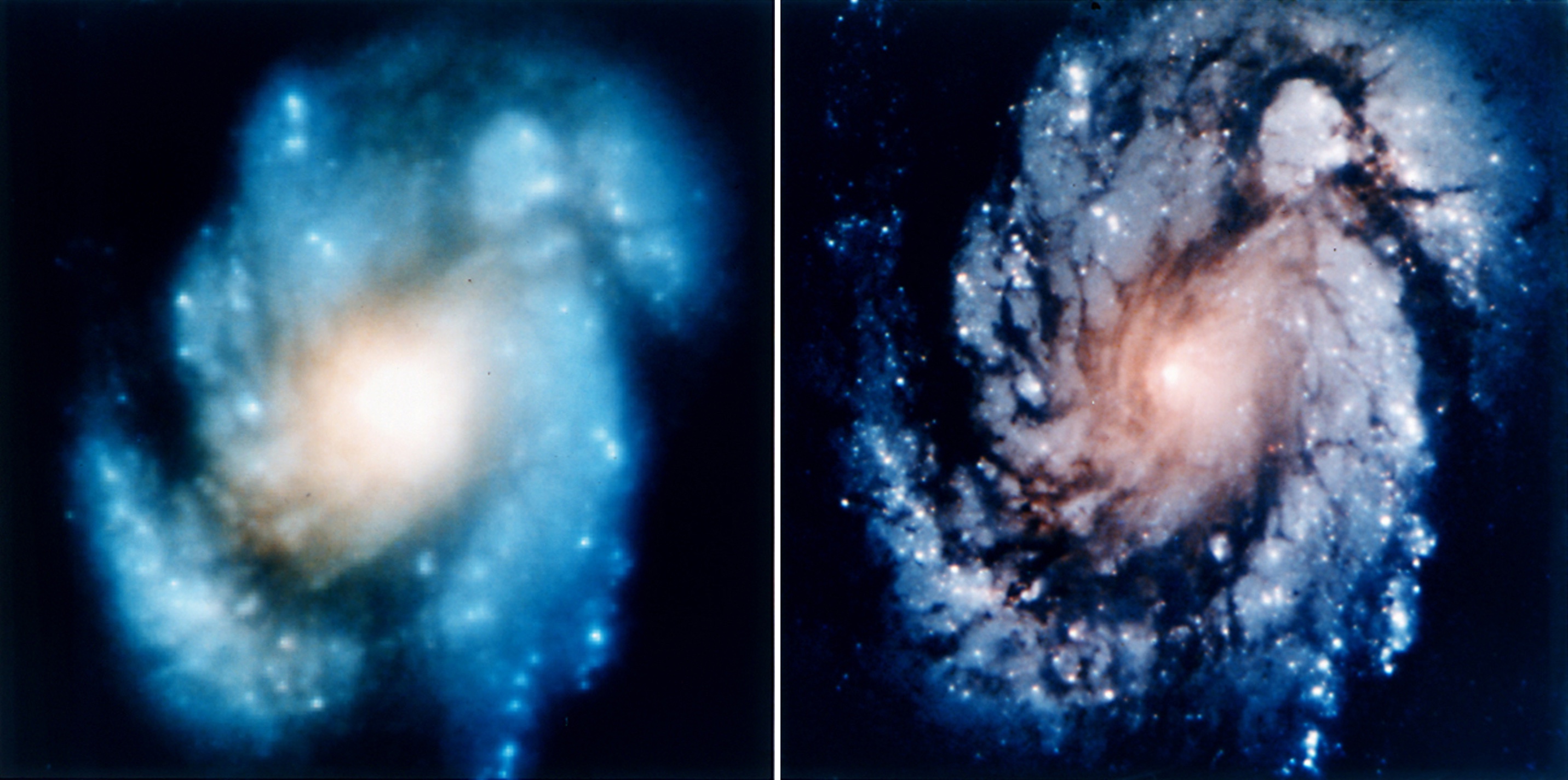 The core of galaxy M100 photographed by Hubble before and after corrective optics, showing the original blur at left and the improved image at right.