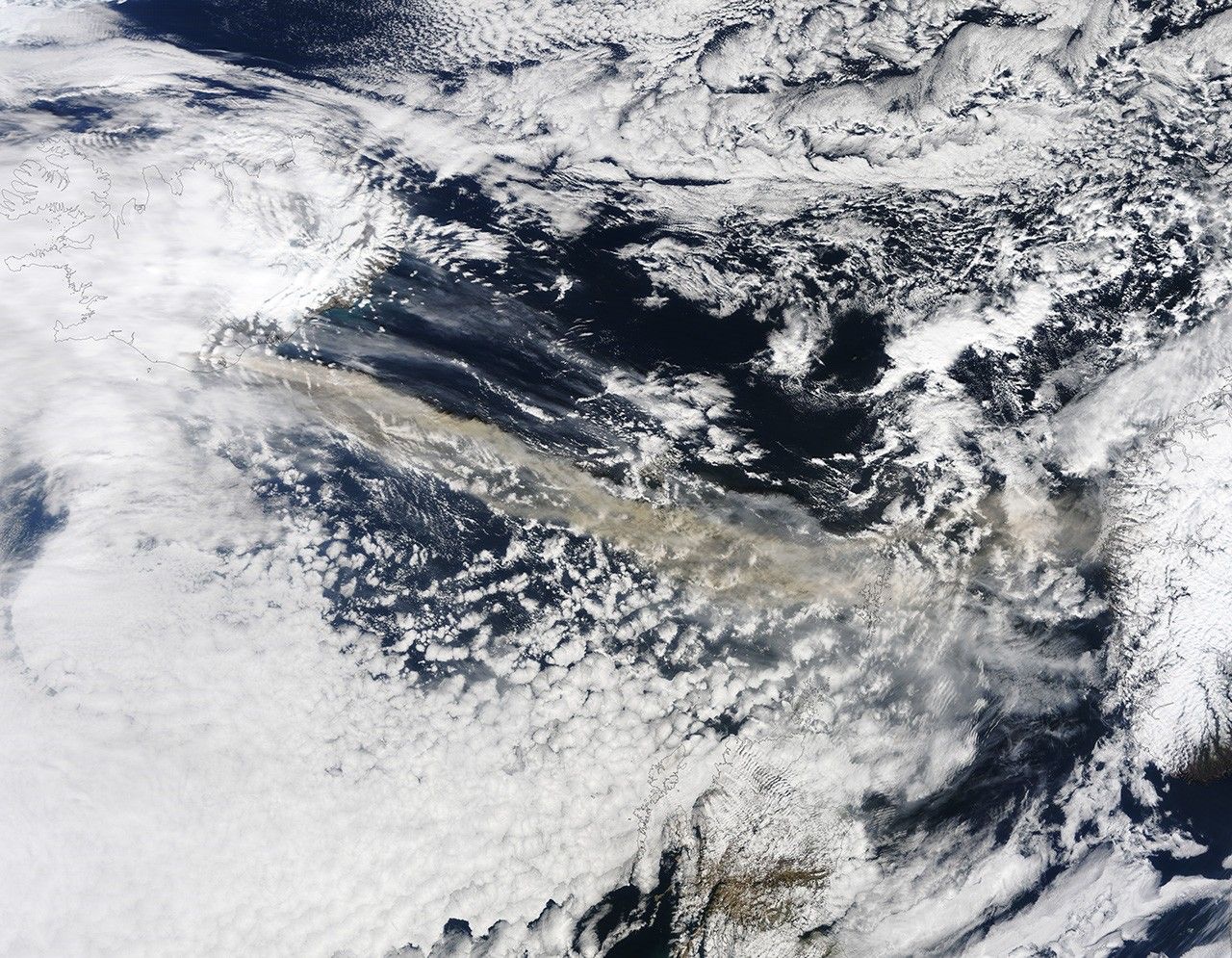 Natural-colour Terra MODIS satellite image from 15 April 2010 showing a brown ash plume extending east and southeast from Iceland across the North Atlantic toward Europe
