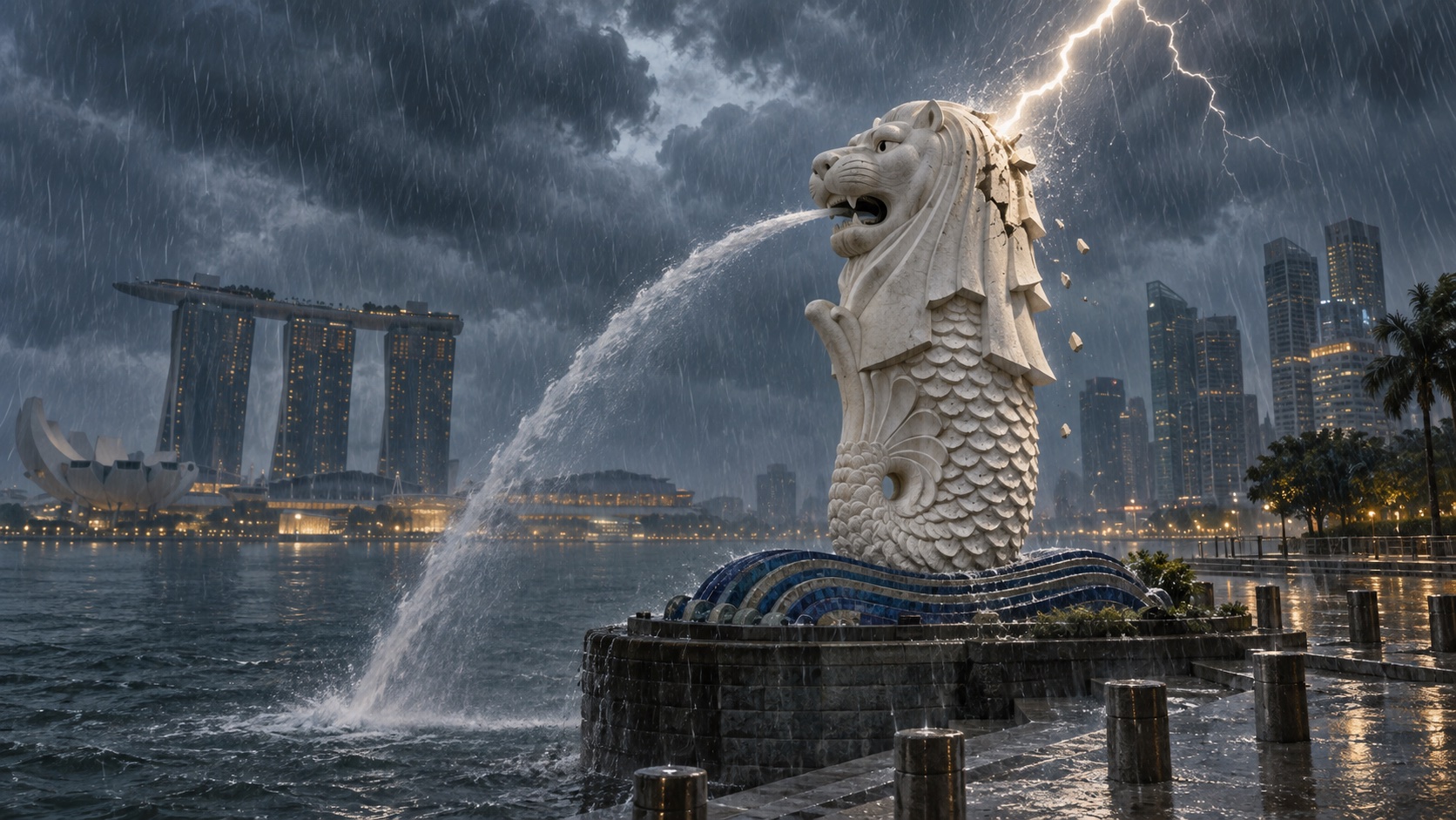 Editorial reconstruction of Singapore’s Merlion being struck by lightning during a heavy tropical downpour, with limited damage to its mane