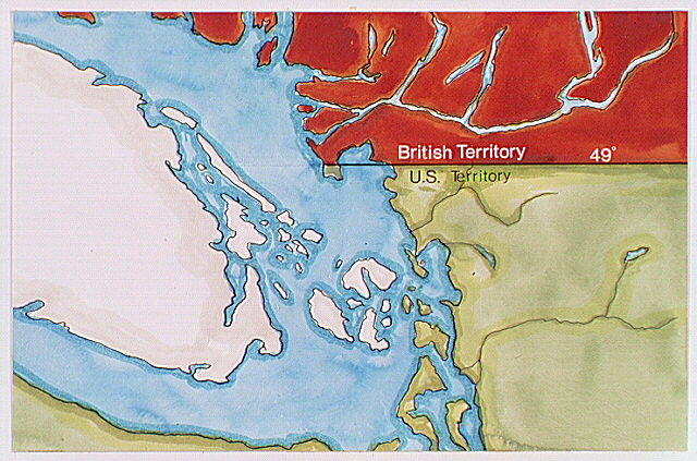 1978 interpretive map showing British and U.S. territories at the 49th parallel, with Vancouver Island and the San Juan Islands left white.