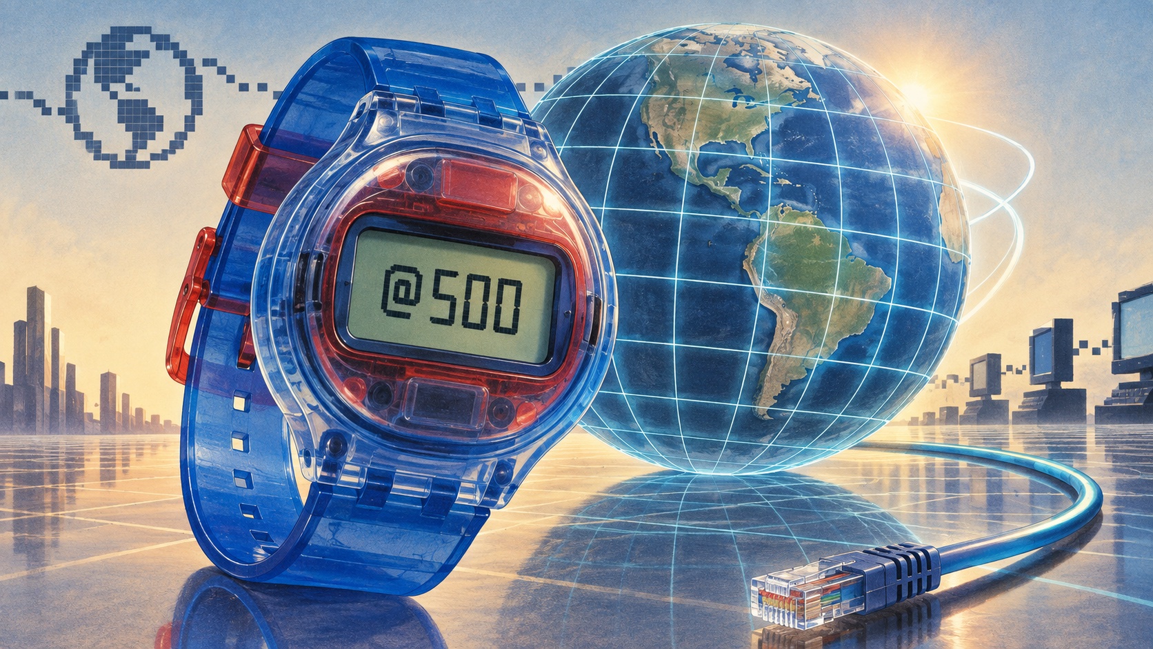 Editorial illustration of a translucent late-1990s digital wristwatch displaying @500 beside a globe connected by an early-internet cable