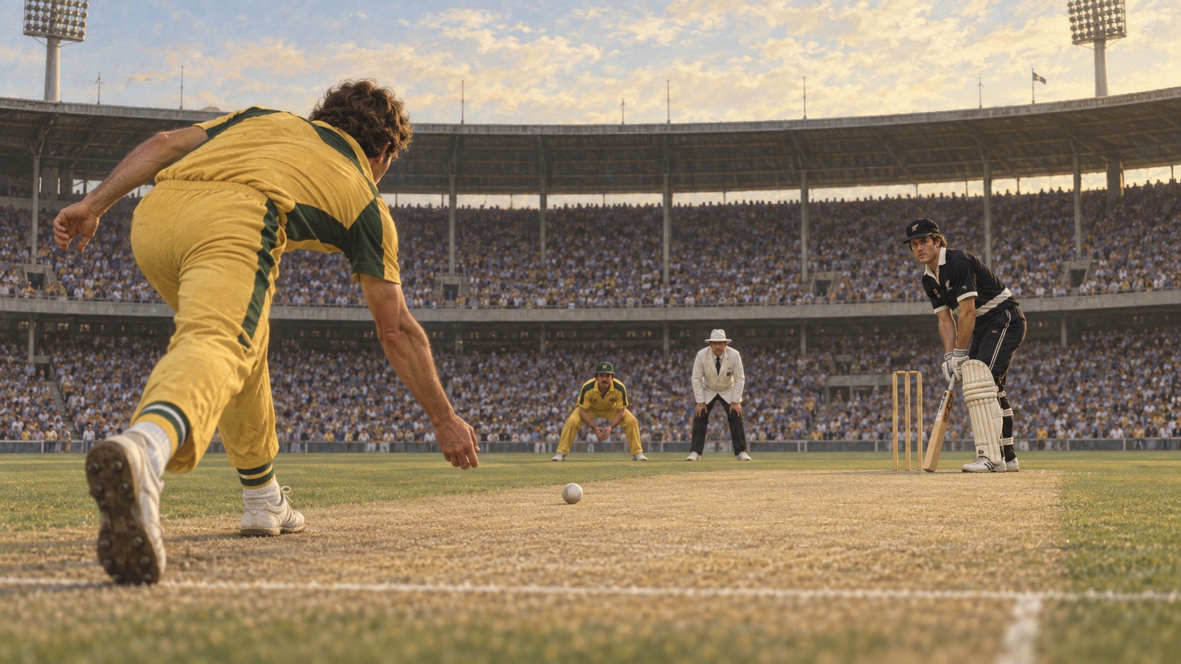 Editorial reconstruction of an Australian bowler rolling the final cricket ball underarm along the pitch toward a New Zealand batter at the Melbourne Cricket Ground